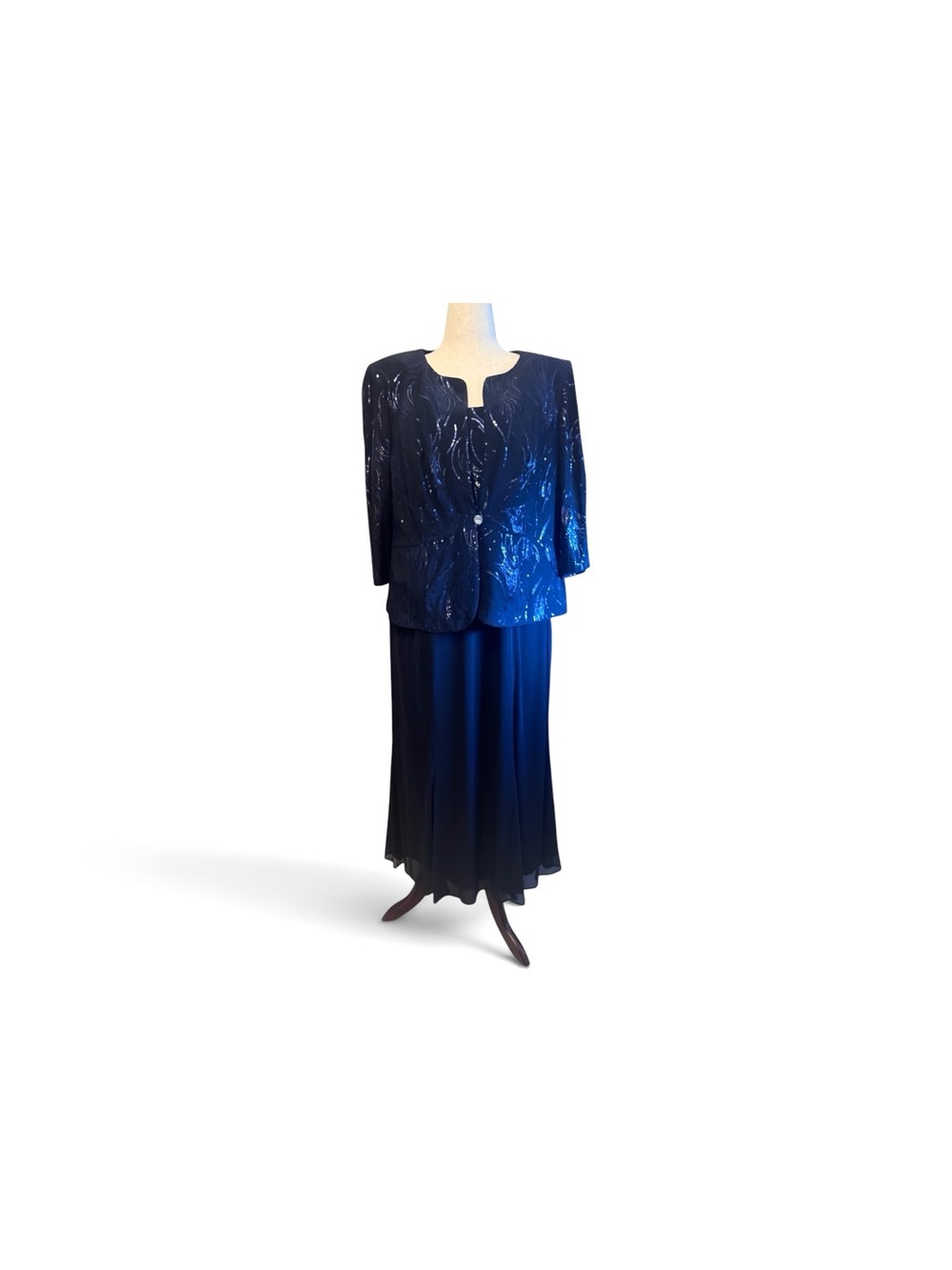 Alex Evenings Elegant Navy 2pc Long Dress w/ Sequin Jacket Set Sz 16w